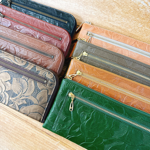 薄くて軽くて大容量なL字長財布 14枚カードポケット 牛革 バラ型押し