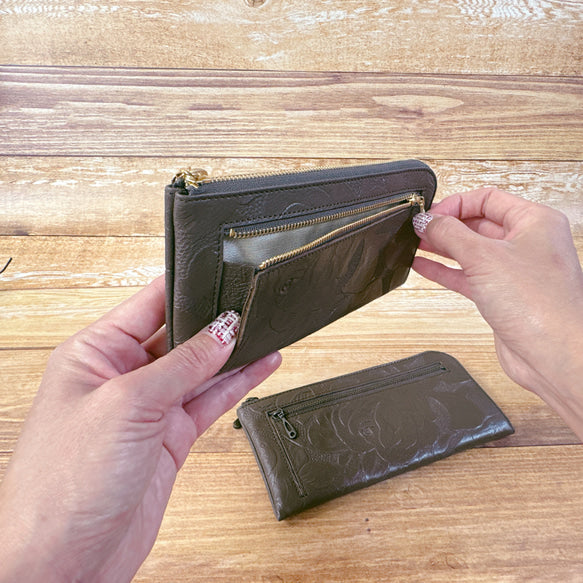 薄くて軽くて大容量なL字長財布 14枚カードポケット 牛革 バラ型押し