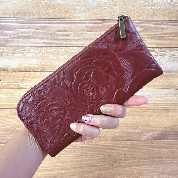 薄くて軽くて大容量なL字長財布 14枚カードポケット 牛革 バラ型押し