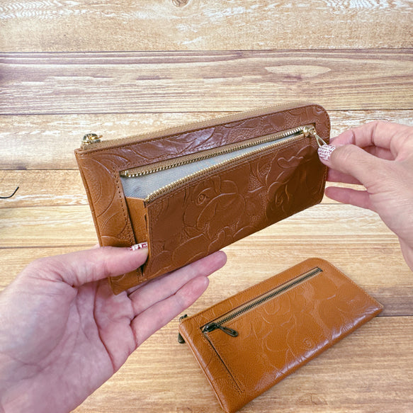 薄くて軽くて大容量なL字長財布 14枚カードポケット 牛革 バラ型押し