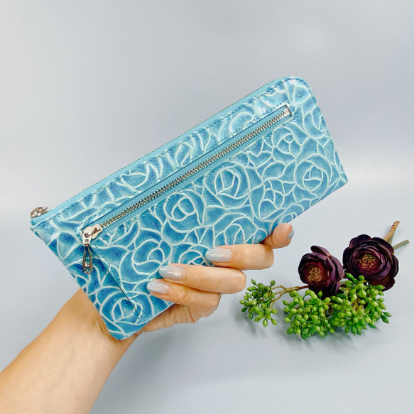 薄マチで使いやすい ハーフ財布 エナメルローズ イエローゴールド 日本製 コンパクト財布《Squeeze スクイーズ》