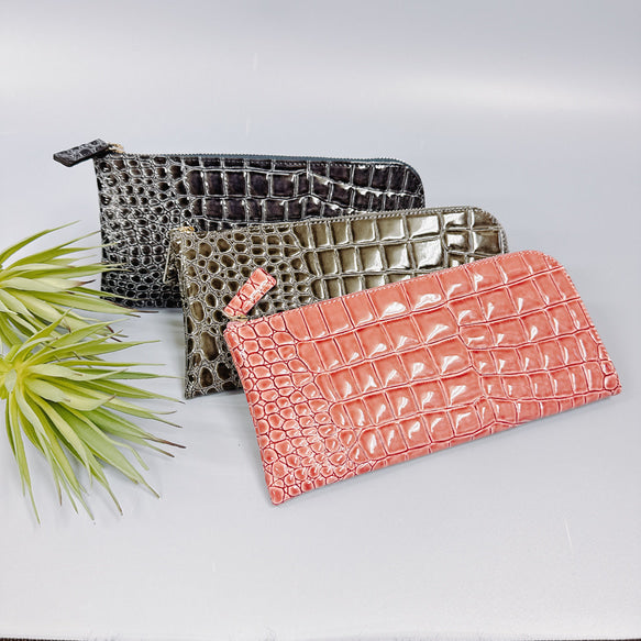 薄くて軽いL字長財布 14枚カードポケット エナメル クロコ 型押し 【Squeeze スクイーズ】