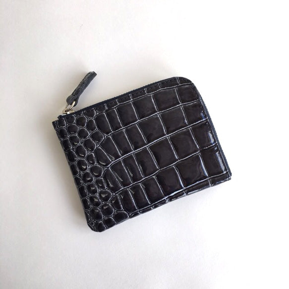 薄マチで使いやすい ハーフ財布 牛革 エナメルクロコ型押し ネイビー ミニ財布 Squeeze スクイーズ 日本製