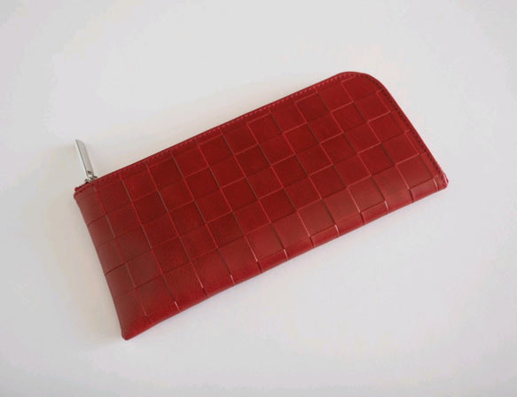 薄くて軽くて大容量なL字長財布  14枚カードポケット  牛革  格子柄  Squeeze