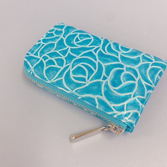 お財布にも使えるキーケース エナメル革ローズ〔オーシャンブルー〕スクィーズ スマートキー