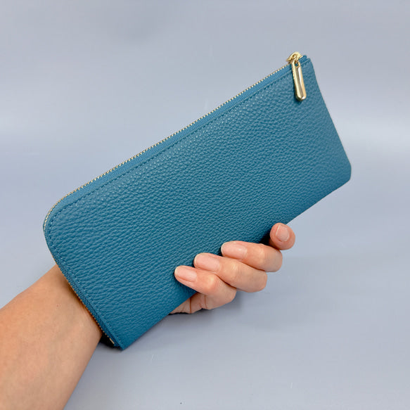 薄くて軽いL字長財布 24枚カードポケット　イタリア 牛革 艶シュリンク　スカイブルー【Squeeze スクイーズ】
