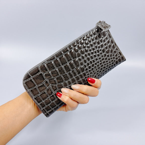 薄くて軽いL字長財布 14枚カードポケット エナメル クロコ 型押し 【Squeeze スクイーズ】