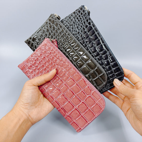 薄くて軽いL字長財布 14枚カードポケット エナメル クロコ 型押し 【Squeeze スクイーズ】