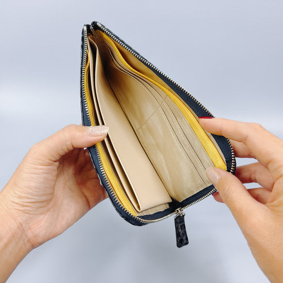 薄くて軽いL字長財布 14枚カードポケット エナメル クロコ 型押し 【Squeeze スクイーズ】