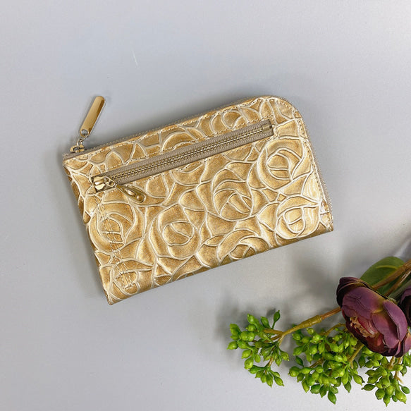 薄くて軽いL字長財布  24枚カードポケット  エナメルローズ