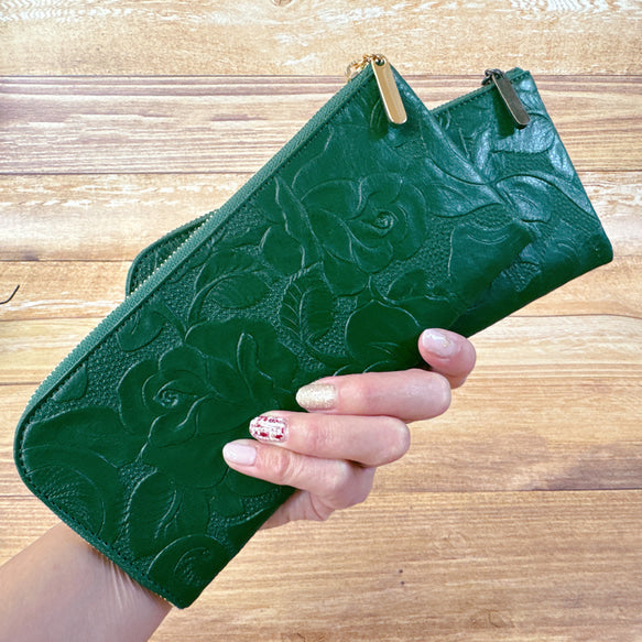 薄くて軽くて大容量なL字長財布 14枚カードポケット 牛革 バラ型押し