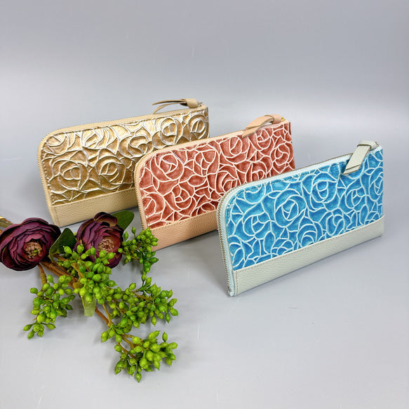 お札ピッタリ！ 薄くて軽いコンパクトな長財布 8枚カードポケット エナメルローズ × シュリンク