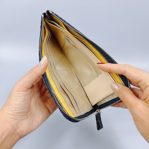 薄くて軽いL字長財布 14枚カードポケット エナメル クロコ 型押し 【Squeeze スクイーズ】