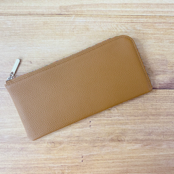 カラフルファスナーL字長財布 24枚カードポケット イタリアンレザー シュリンク キャメル　薄くて軽い長財布