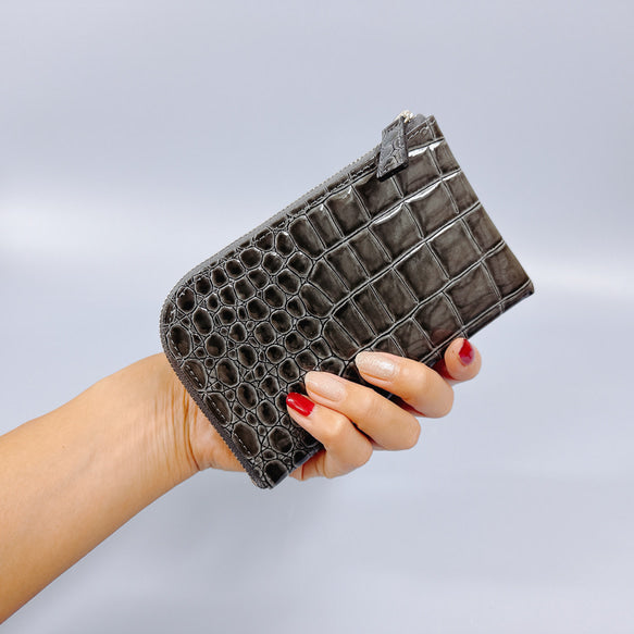 薄くて軽いコンパクトな財布 10枚カードポケット　エナメル クロコ 型押し 【Squeeze スクイーズ】