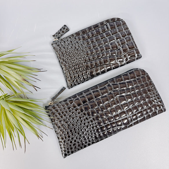 薄くて軽いL字長財布 14枚カードポケット エナメル クロコ 型押し 【Squeeze スクイーズ】