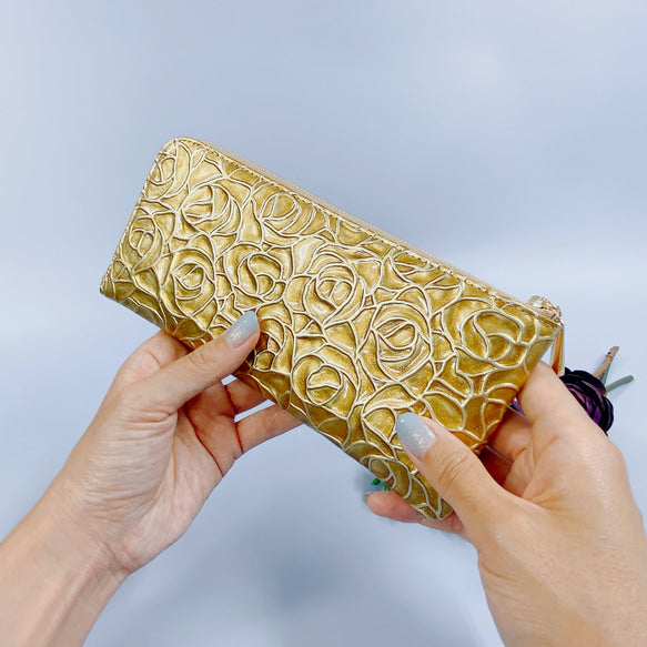 薄くて軽いL字長財布  24枚カードポケット  エナメルローズ