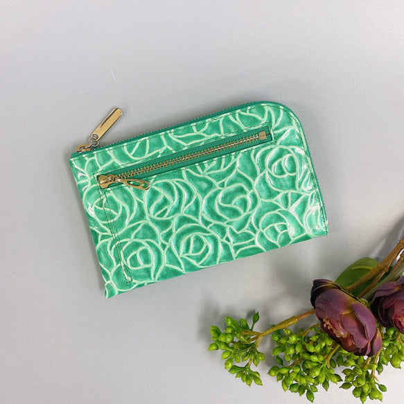 薄くて軽いL字長財布  24枚カードポケット  エナメルローズ