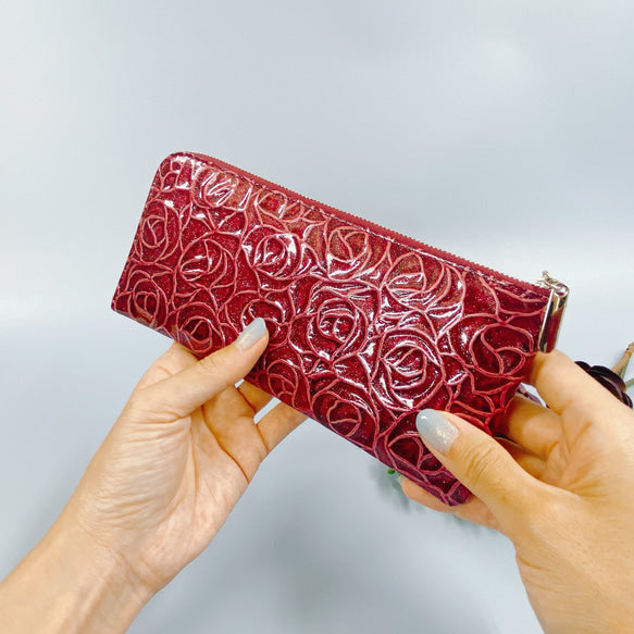 薄くて軽いL字長財布  24枚カードポケット  エナメルローズ