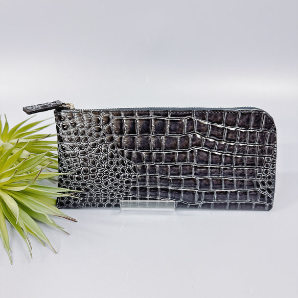 薄くて軽いL字長財布 14枚カードポケット エナメル クロコ 型押し 【Squeeze スクイーズ】