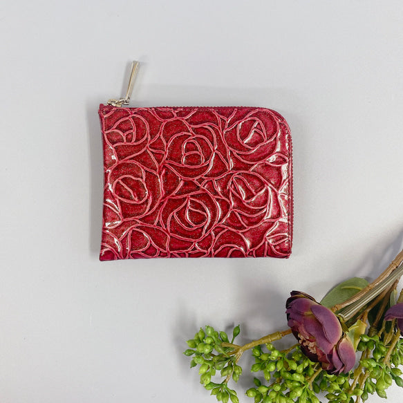 薄くて軽いL字長財布  24枚カードポケット  エナメルローズ