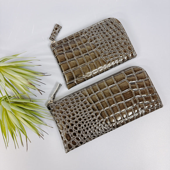 薄くて軽いL字長財布 14枚カードポケット エナメル クロコ 型押し 【Squeeze スクイーズ】