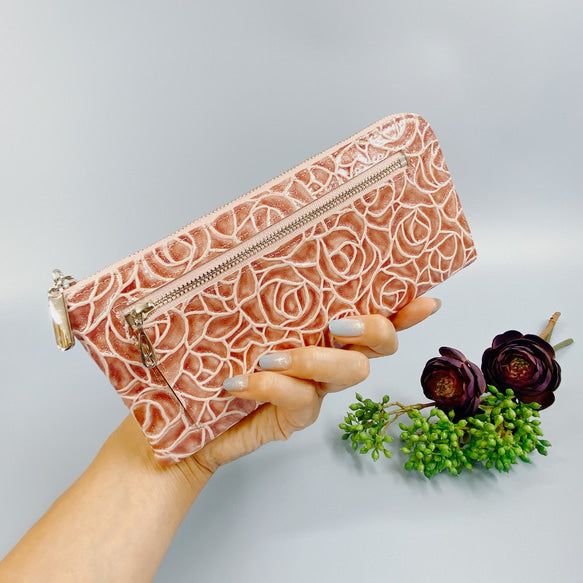 薄くて軽いL字長財布  24枚カードポケット  エナメルローズ