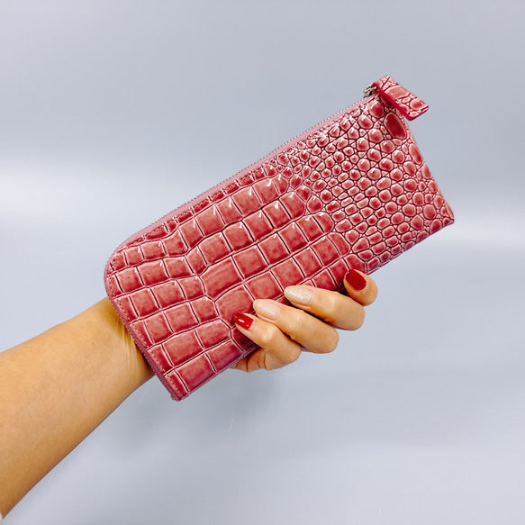 薄くて軽いL字長財布 14枚カードポケット エナメル クロコ 型押し 【Squeeze スクイーズ】