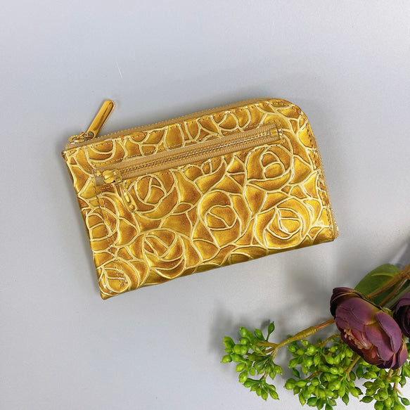 薄くて軽いL字長財布  24枚カードポケット  エナメルローズ