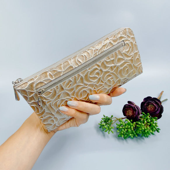 薄くて軽いL字長財布  24枚カードポケット  エナメルローズ