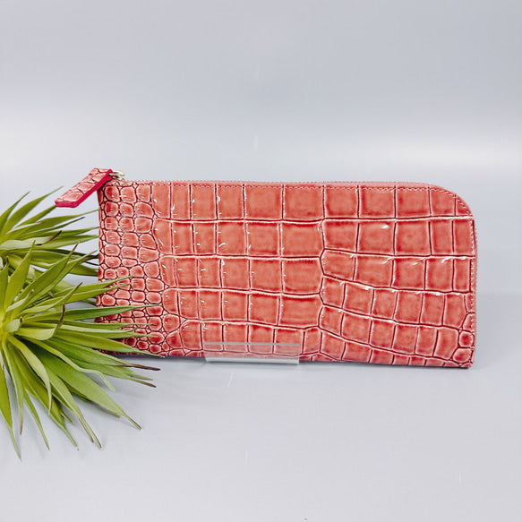 薄くて軽いL字長財布 14枚カードポケット エナメル クロコ 型押し 【Squeeze スクイーズ】