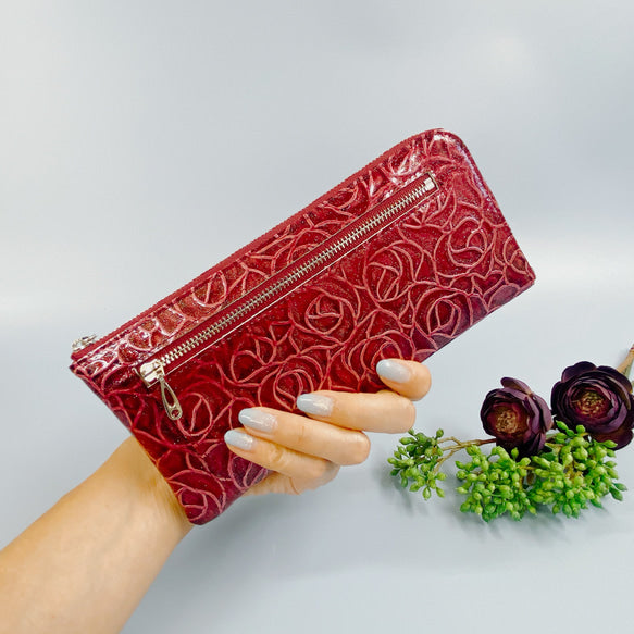 薄くて軽いL字長財布  24枚カードポケット  エナメルローズ