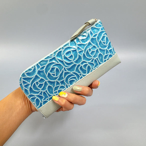 お札ピッタリ！ 薄くて軽いコンパクトな長財布 8枚カードポケット エナメルローズ × シュリンク