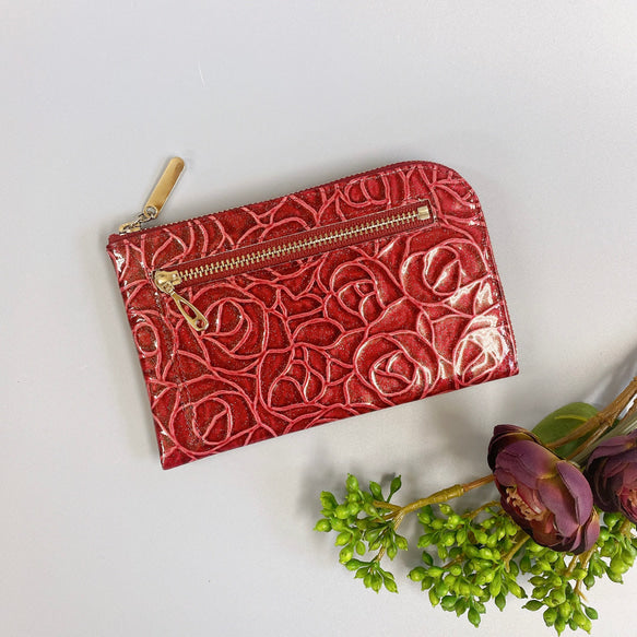 薄くて軽いL字長財布  24枚カードポケット  エナメルローズ