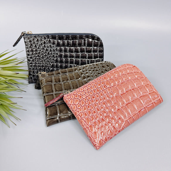 薄くて軽いコンパクトな財布 10枚カードポケット　エナメル クロコ 型押し 【Squeeze スクイーズ】