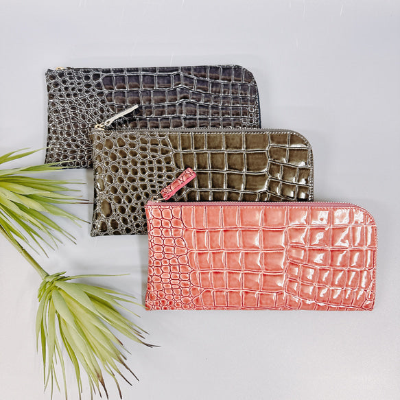 薄くて軽いL字長財布 14枚カードポケット エナメル クロコ 型押し 【Squeeze スクイーズ】